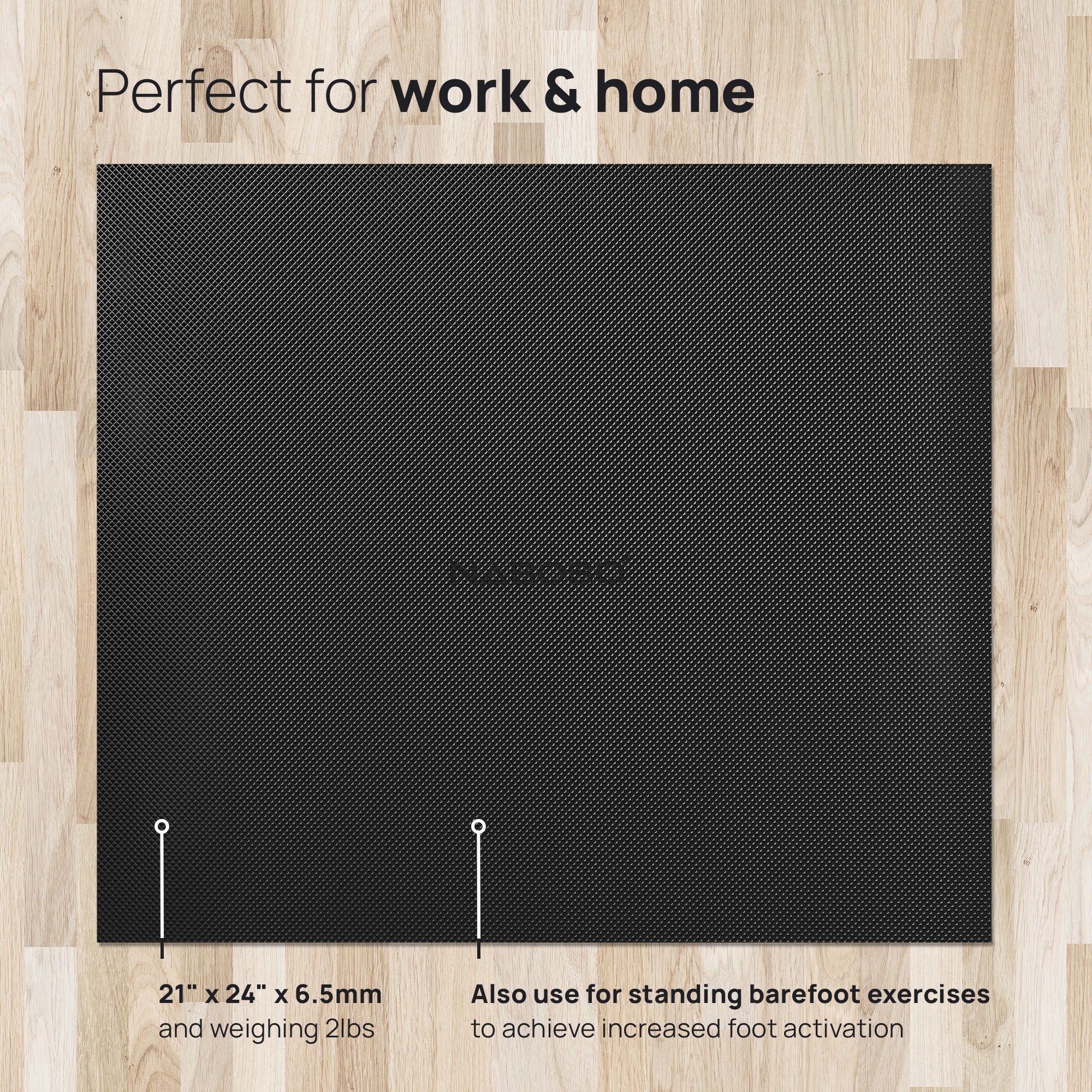 Photo showing the Standing Mat dimensions (21" by 24" by 6.5mm with a weight of 2 lbs)
