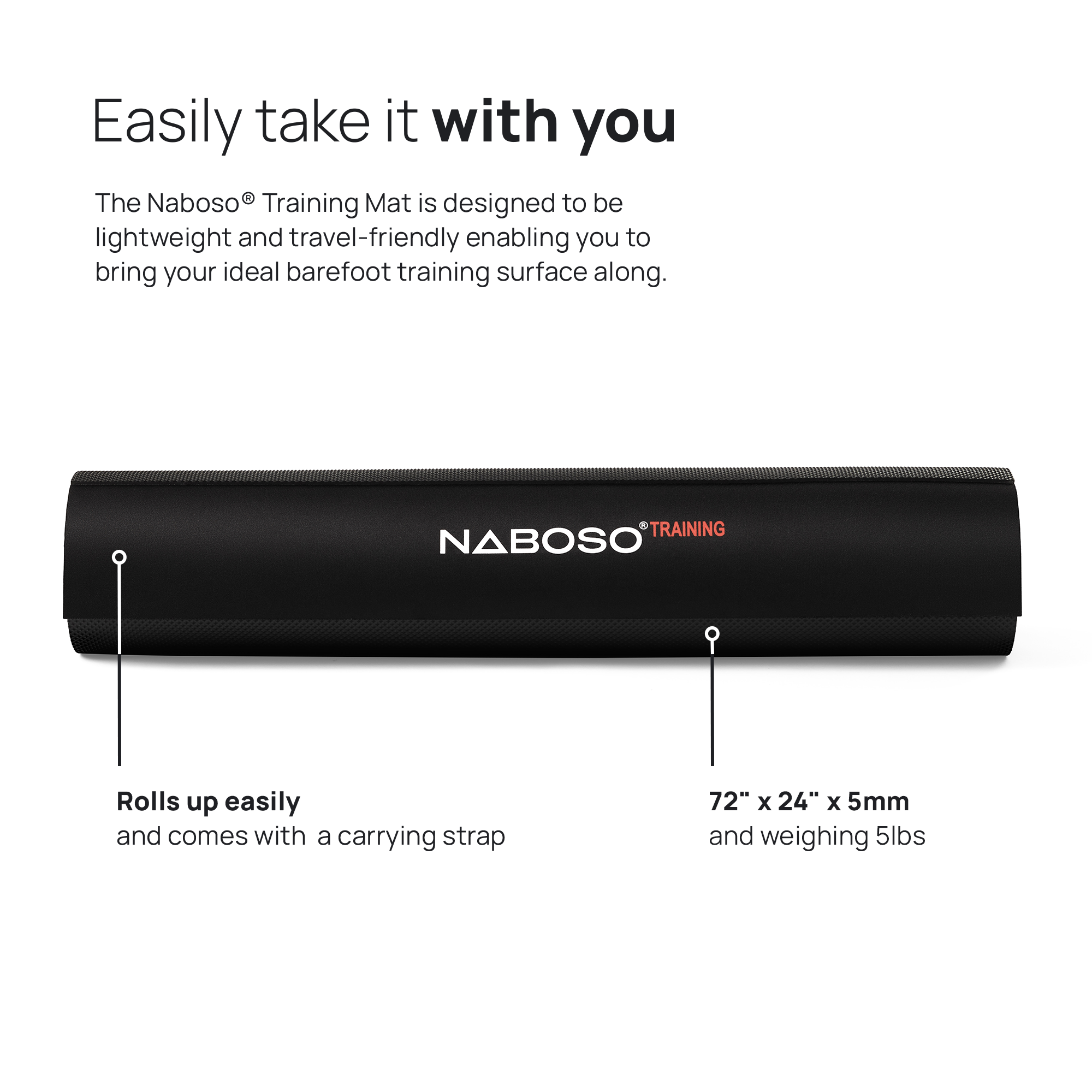Photo with text showing the dimensions of the Training Mat: 72" by 24" by 7mm. Also shows how the Training Mat rolls up easily and comes with a carrying strap to be travel friendly