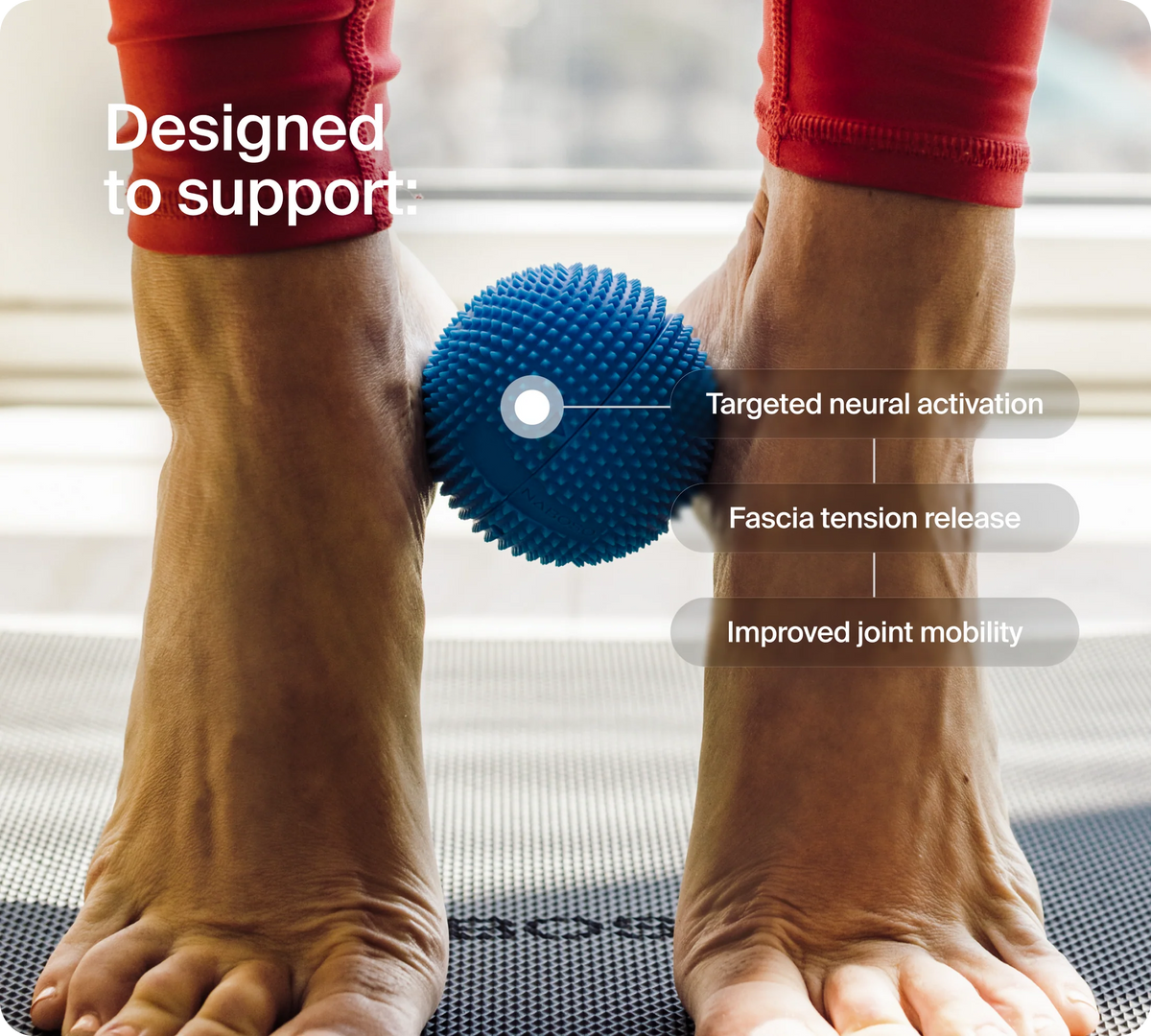 Person using a blue massage ball on their feet with text about targeted neural activation and fascia tension release.
